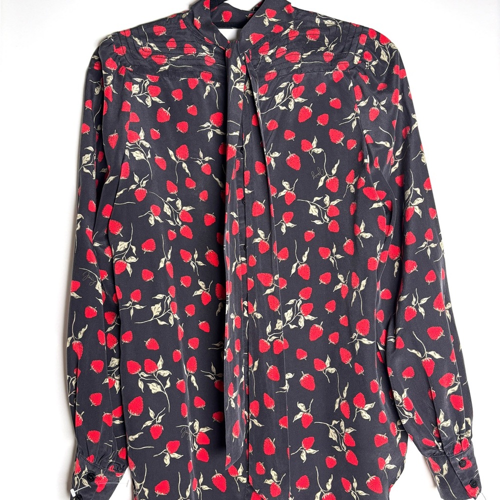 Vintage Juicy Couture Silk Strawberry Print Tie Neck Blouse Long Sleeve Y2K